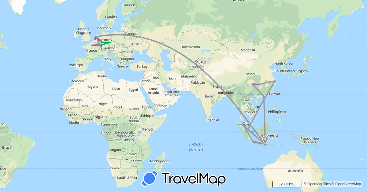 TravelMap itinerary: driving, bus, plane, train in Belgium, Switzerland, China, Czech Republic, Germany, France, Indonesia, Malaysia, Netherlands, Singapore (Asia, Europe)